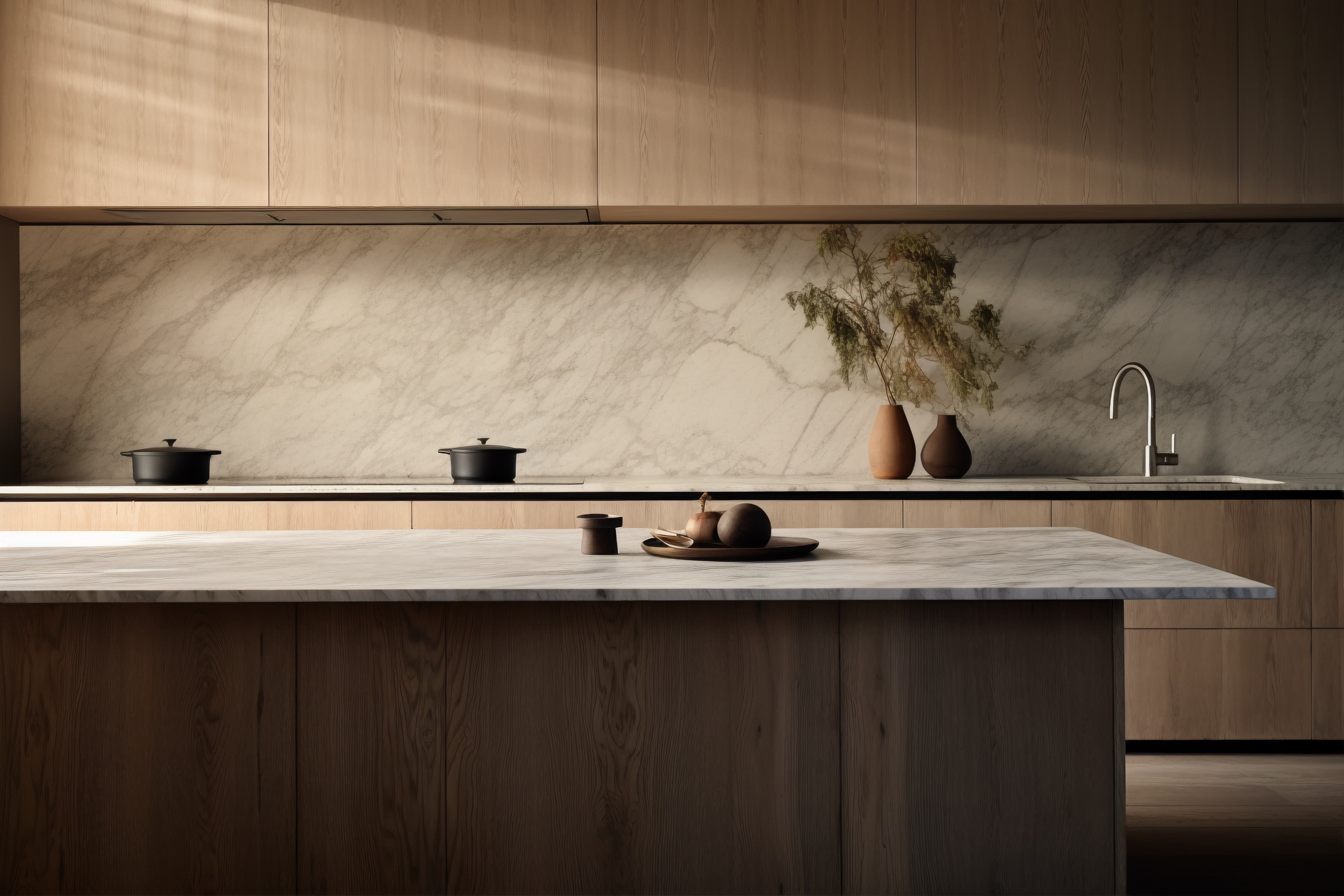 Кухня с каменной столешницей в бежевых оттенках